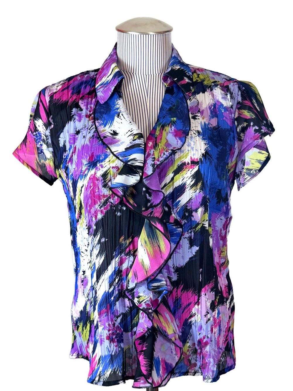 Style & Co. Petite Abstract Ruffle Front Crinkle Blouse 4P Multicolor